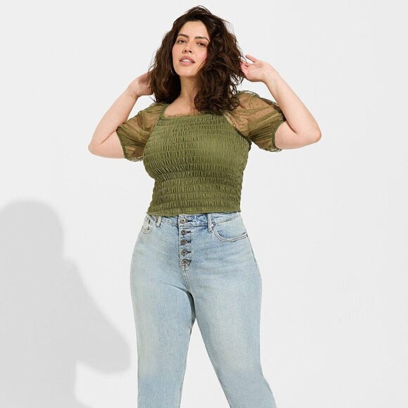 TORRID Dot Mesh Olive Square Neck Smocked Crop Top - Picture 2 of 5